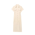 women's elegant fashion waist pleated V-neck short-sleeved denim MIDI dress