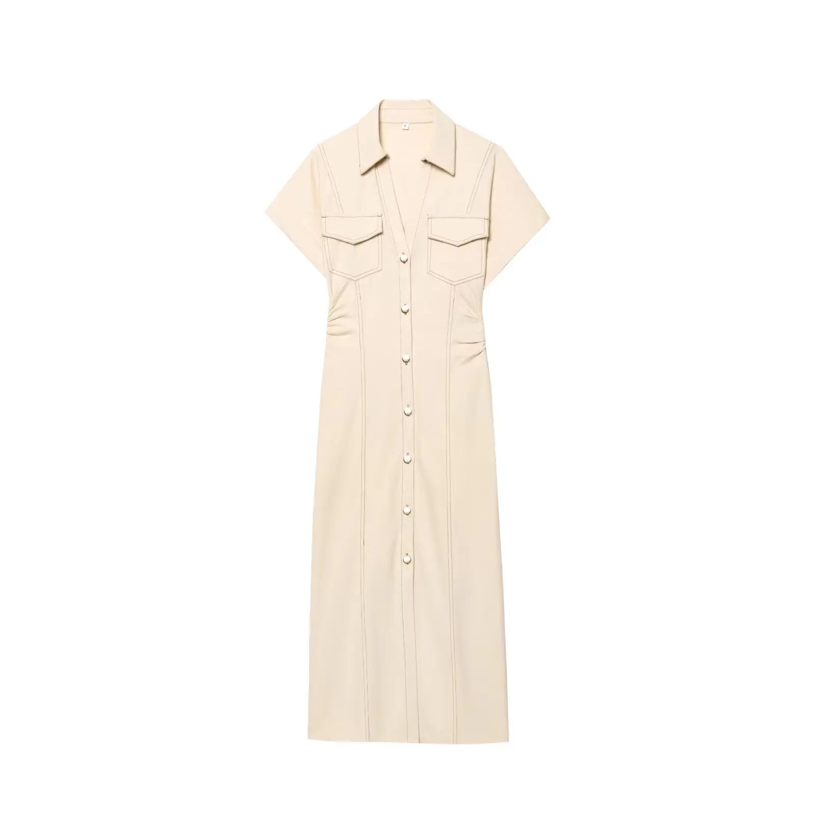 women's elegant fashion waist pleated V-neck short-sleeved denim MIDI dress
