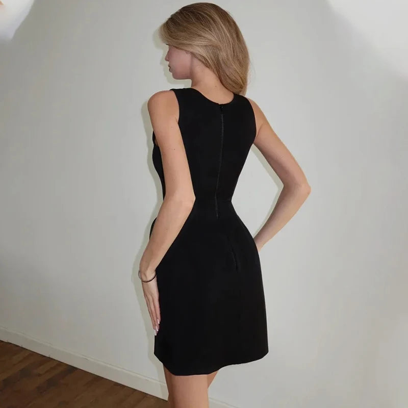 Elegant Waist-Cinching Sleeveless Short Dress Women's Round-Neck Short Cape Birthday Dress Banquet Party Dress