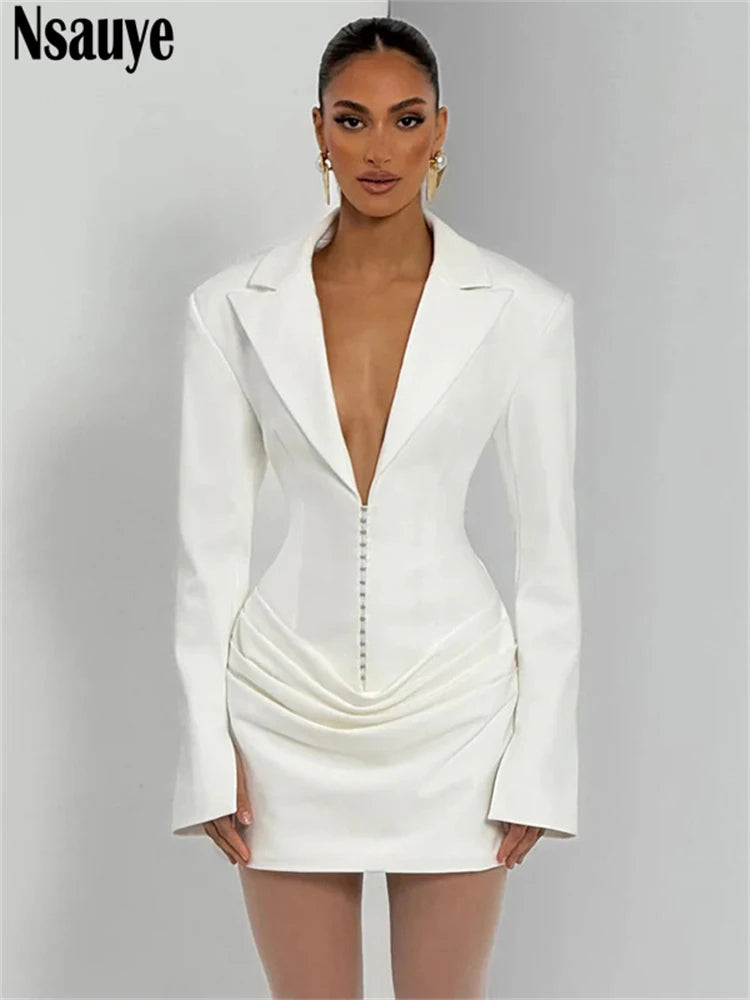 Elegant Evening Short Dress Women Fall Long Sleeve Sexy Fashion Night Club Party White Mini Wrap Corset Dress