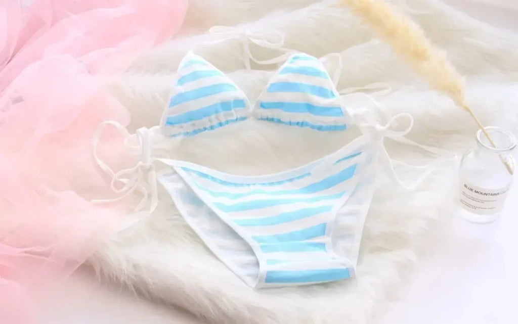 Japan Sexy Lingerie Lolita Kawaii Blue Pink White Striped Mini Bikini Adult Cosplay Women  Bra Underwear Frenum Swimsuit Set