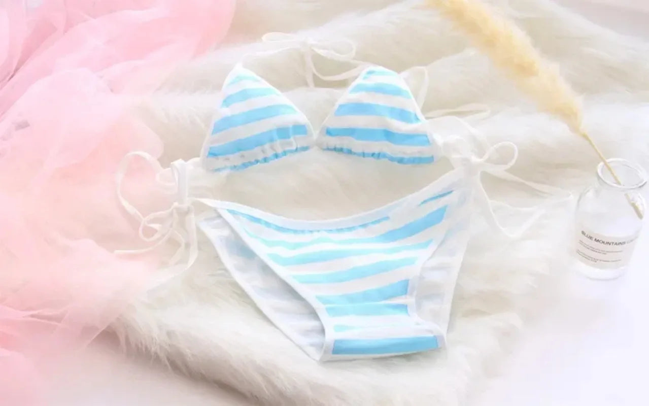 Japan Sexy Lingerie Lolita Kawaii Blue Pink White Striped Mini Bikini Adult Cosplay Women  Bra Underwear Frenum Swimsuit Set