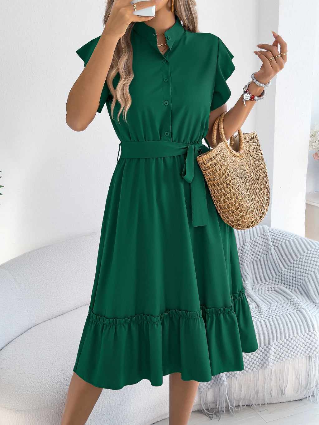 Casual Summer Woman Dress Solid Color Single Breasted Ruffle Edge Short Sleeved Dresses With Belt Khaki Blue Green