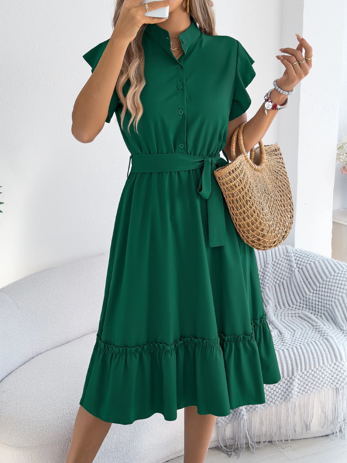 Casual Summer Woman Dress Solid Color Single Breasted Ruffle Edge Short Sleeved Dresses With Belt Khaki Blue Green