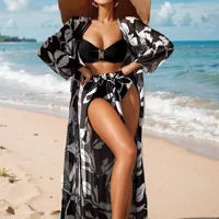 2025 new solid color mesh long skirt split swimsuit swimsuit three-piece set bikini