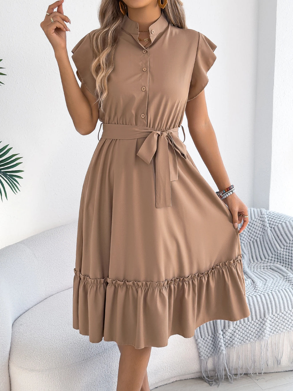 Casual Summer Woman Dress Solid Color Single Breasted Ruffle Edge Short Sleeved Dresses With Belt Khaki Blue Green