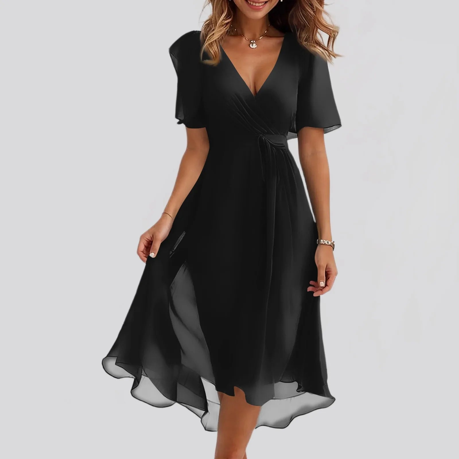 Daily Casual Fashion Wrinkles V-Neck Waist Cinching A-Line Zipper Dress Lightweight Comfy Vacation Dress