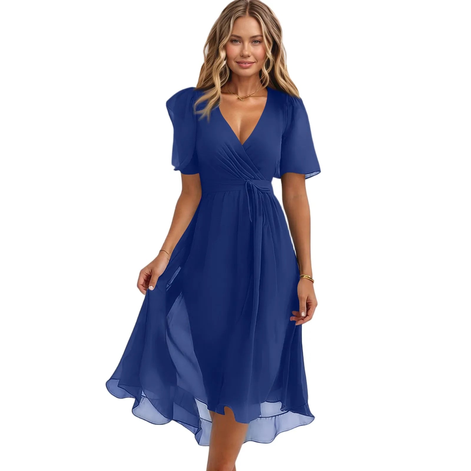 Daily Casual Fashion Wrinkles V-Neck Waist Cinching A-Line Zipper Dress Lightweight Comfy Vacation Dress