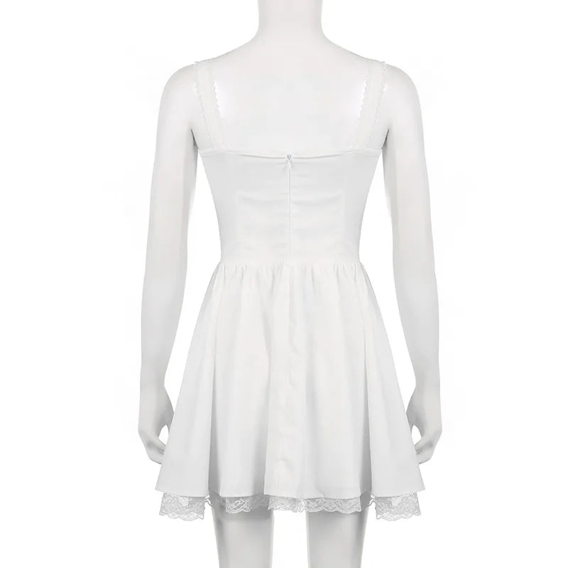Sleeveless Mini Corset Dress with Lace Panel, A-line Dress, Elegant and Sweet, White, High Quality,l