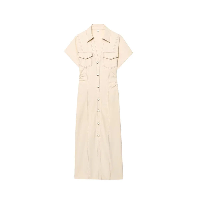 women's elegant fashion waist pleated V-neck short-sleeved denim MIDI dress