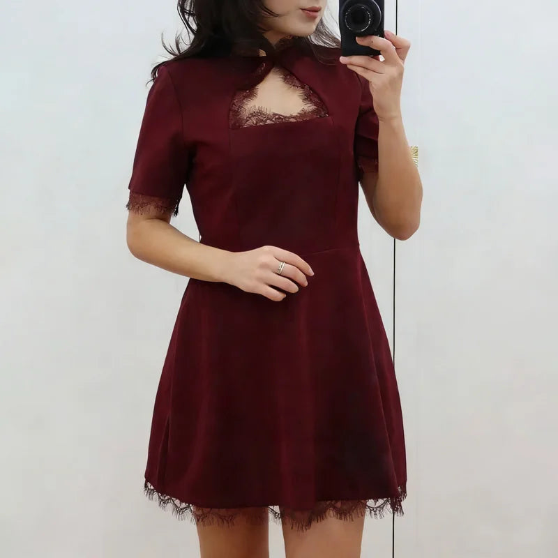 Black Lace Hollow Out Mini Dress