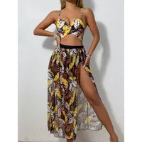 2025 new solid color mesh long skirt split swimsuit swimsuit three-piece set bikini