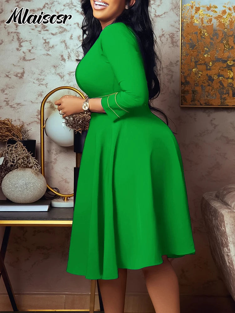 Elegant Casual O Neck 3/4 Sleeve High Waisted Pleated A Line Midi Dresses