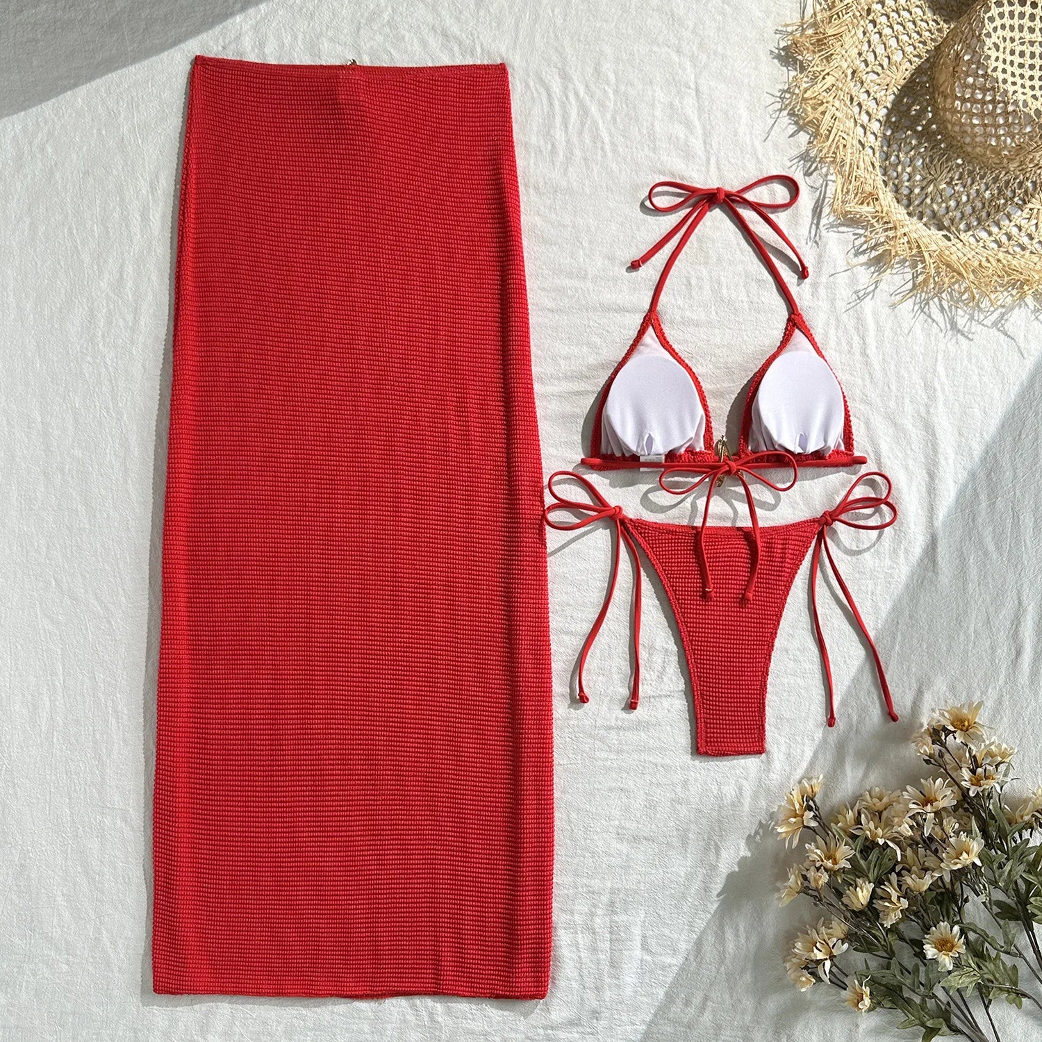 2025 new solid color mesh long skirt split swimsuit swimsuit three-piece set bikini