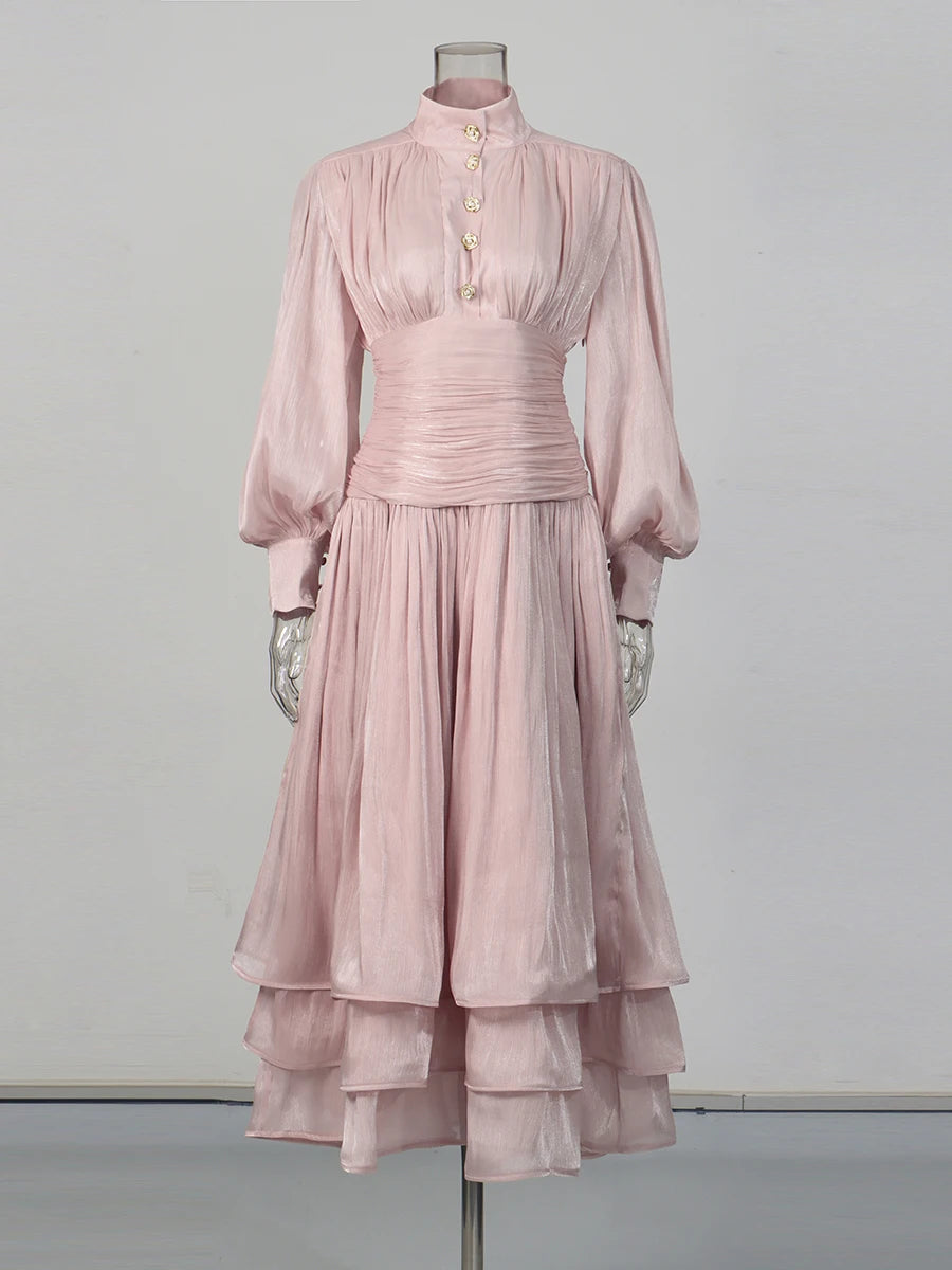 Solid Spliced Metal Buttons Temperament Long Dresses for Women High Neck Long Sleeves Patchwork Folds Dress Female