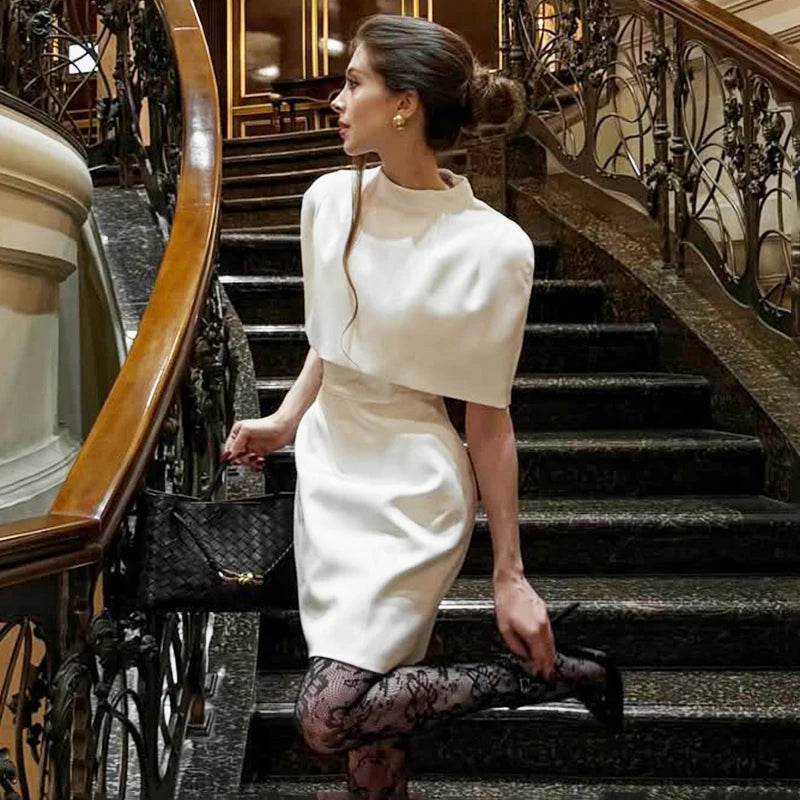 Elegant Waist-Cinching Sleeveless Short Dress Women's Round-Neck Short Cape Birthday Dress Banquet Party Dress