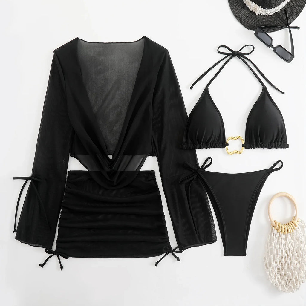 Sexy White Black 4 Piece Bikinis Sets Women Long Sleeve Mesh Cover Up Skirt Swimsuit Beach Bathing Suit Holiday Swimwear Biquini