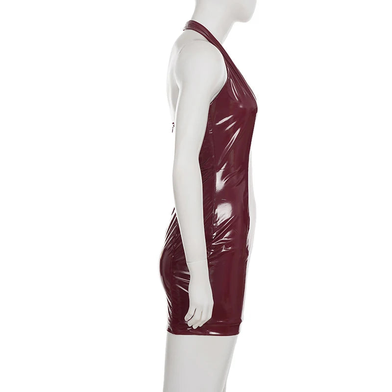 Leather Bodycon Dress Slim-Deep V-Neck Sleeveless Backless Mini Dress