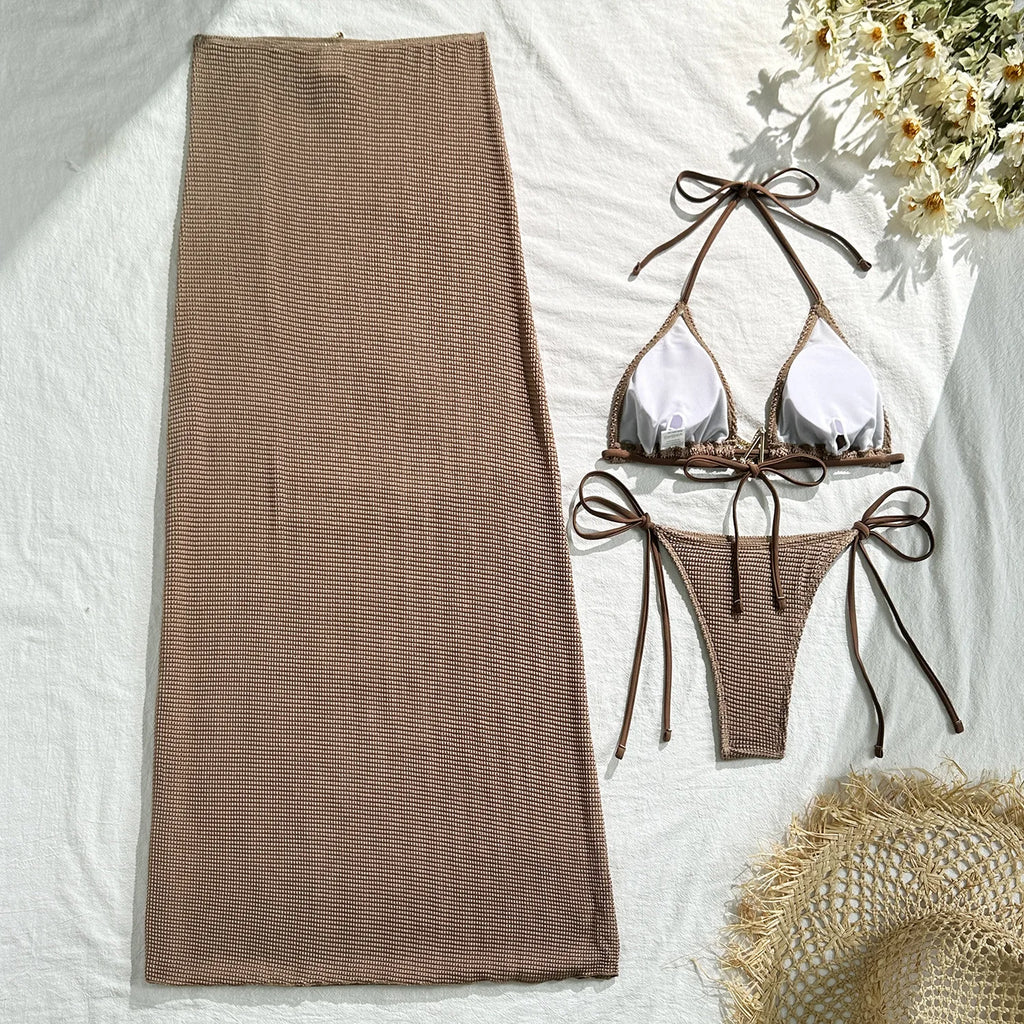 2025 new solid color mesh long skirt split swimsuit swimsuit three-piece set bikini