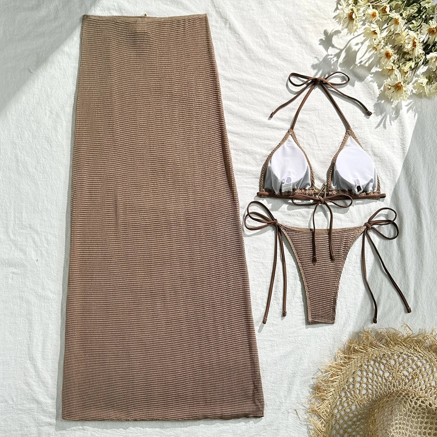 2025 new solid color mesh long skirt split swimsuit swimsuit three-piece set bikini