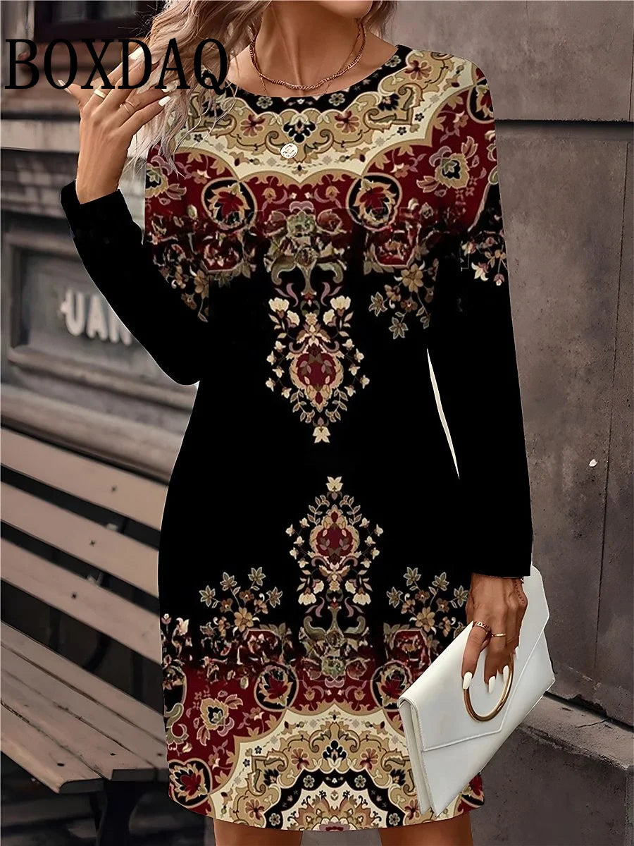 Women's Casual Long Sleeve Print Dress Fashion Autumn Winter Floral For Women Dresses Retro O-Neck Loose Ladies Dresses Vestidos