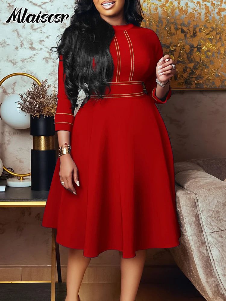 Elegant Casual O Neck 3/4 Sleeve High Waisted Pleated A Line Midi Dresses