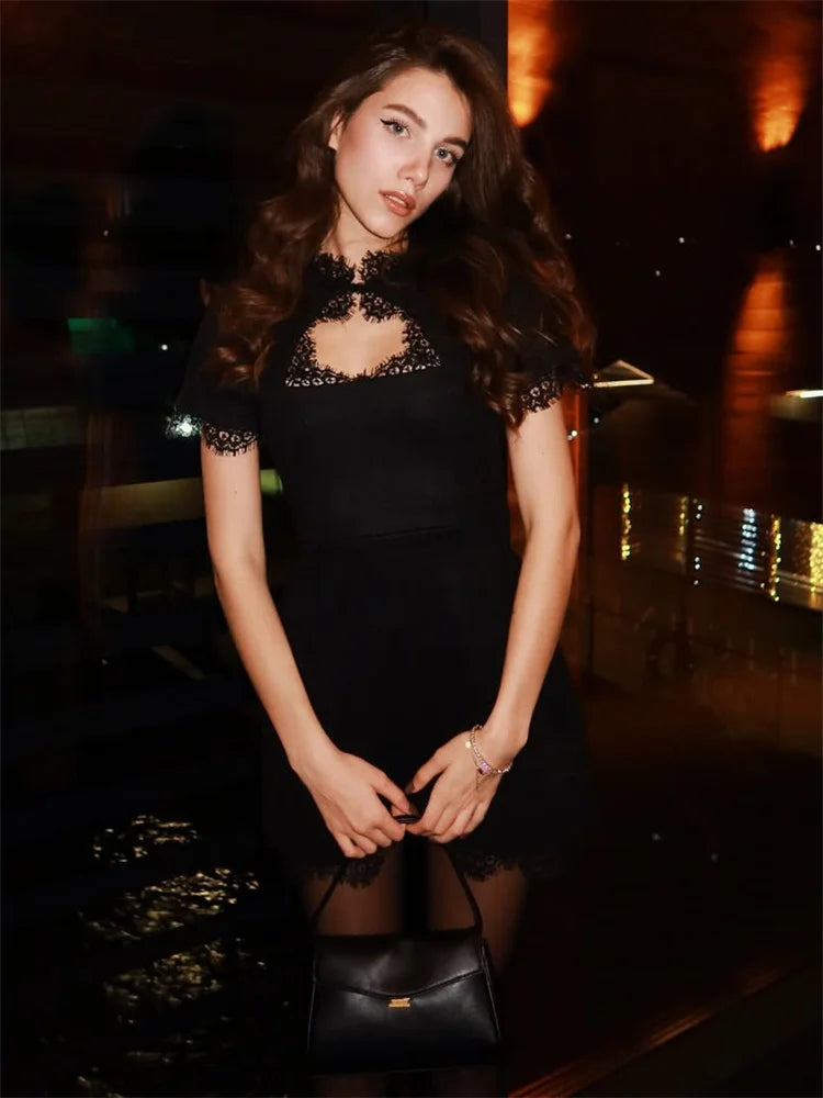 Black Lace Hollow Out Mini Dress