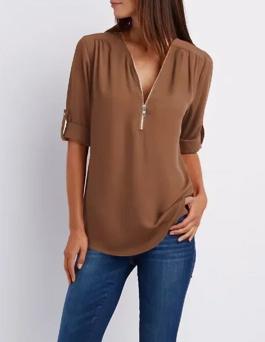 Women Cool Loose Shirt Deep V Neck Chiffon Fashion Blouse Casual Ladies Tops Sexy Zipper Pullover Plus Size
