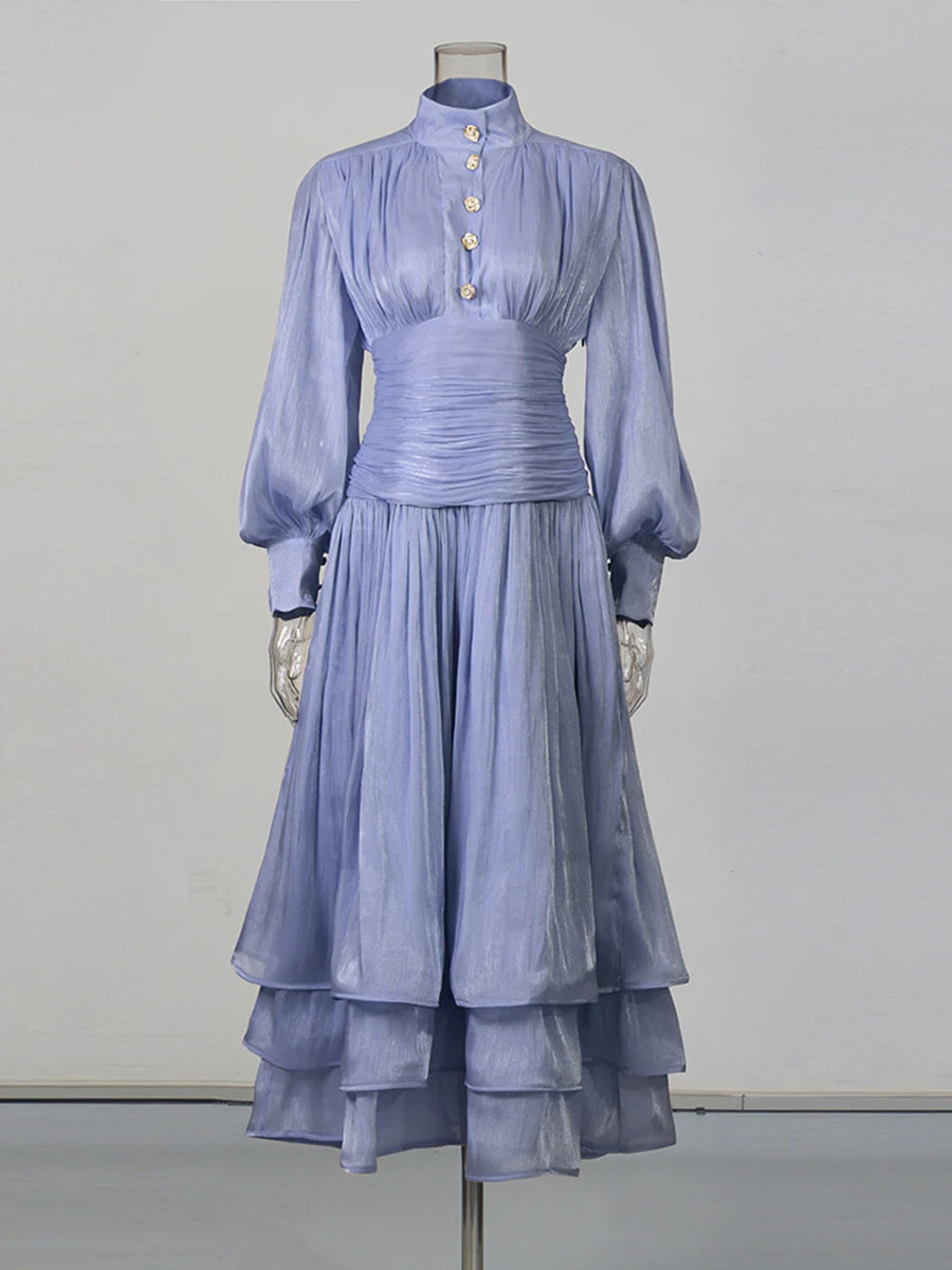 Solid Spliced Metal Buttons Temperament Long Dresses for Women High Neck Long Sleeves Patchwork Folds Dress Female