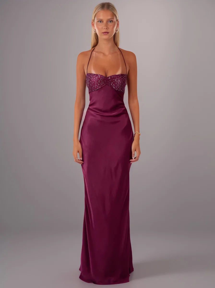 Sequin Vestidos Solid Color Backless Strappy Hip Evening Dress Elegant Simple Style