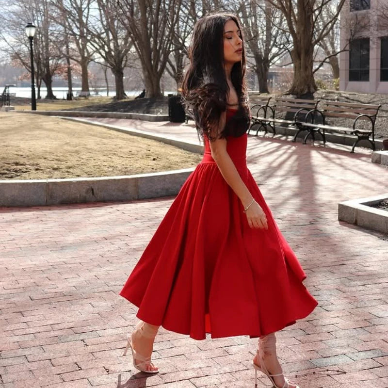 Elegant Midi Dress Red Night Date Dress