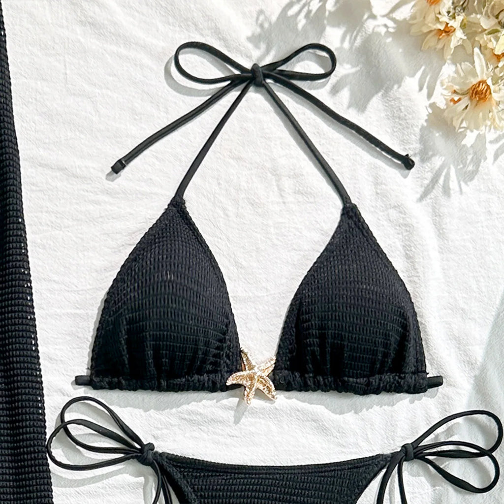 2025 new solid color mesh long skirt split swimsuit swimsuit three-piece set bikini