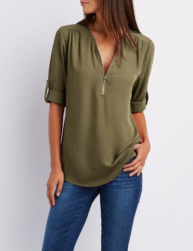 Women Cool Loose Shirt Deep V Neck Chiffon Fashion Blouse Casual Ladies Tops Sexy Zipper Pullover Plus Size