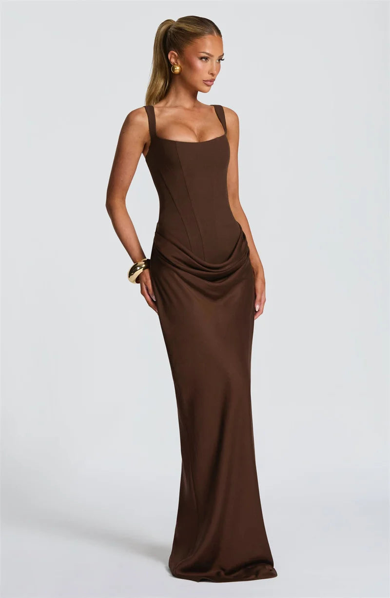 Elegant Square Collar Sleeveless Skinny Ruched Club Party Long Dress