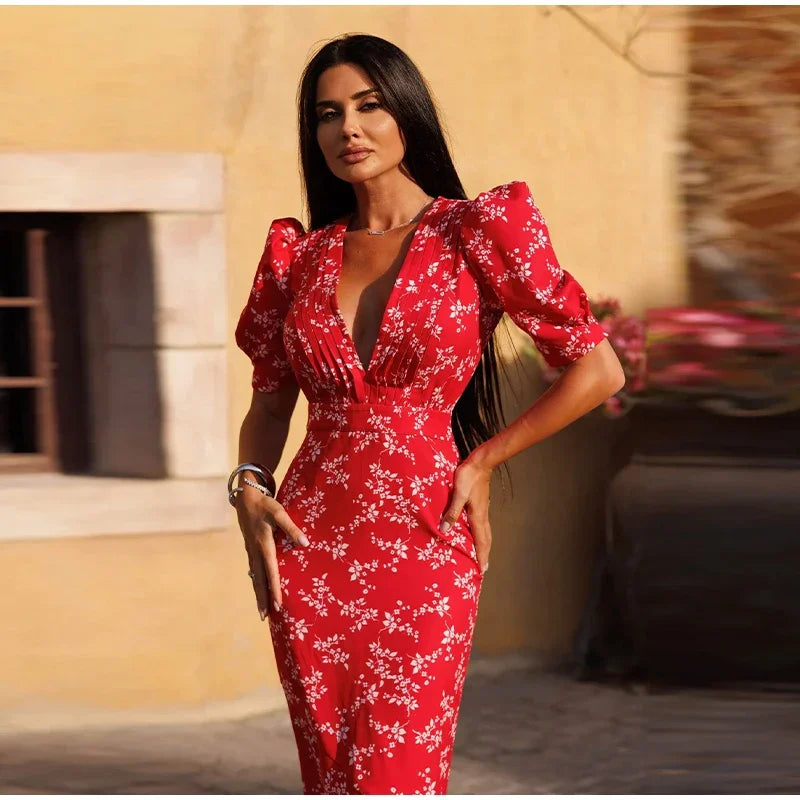 Patchwork Print Women Dress Slim V-neck Short Puff Sleeve