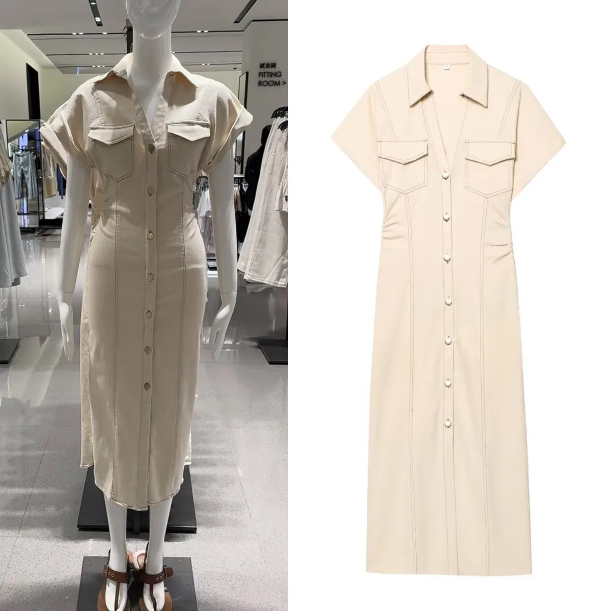 women's elegant fashion waist pleated V-neck short-sleeved denim MIDI dress