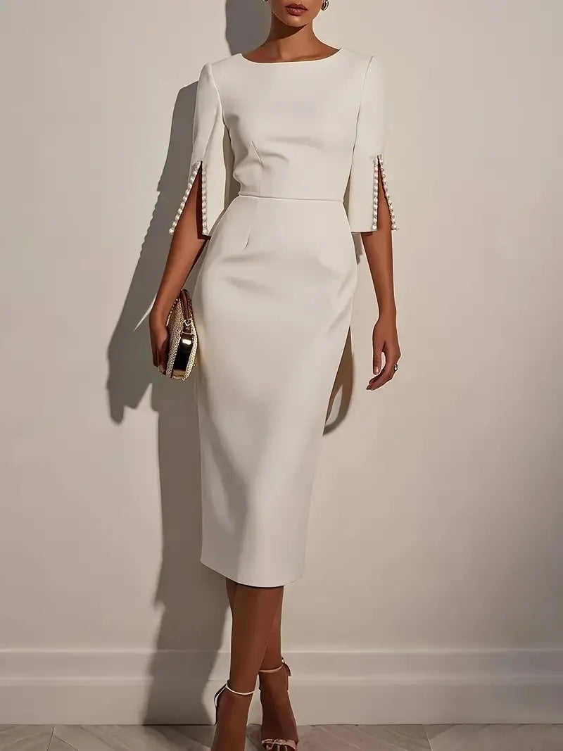 Elegant O-neck Half-sleeved Dress For Women Fashion Spring Summer Solid Color Pearl Design Waist-hugging