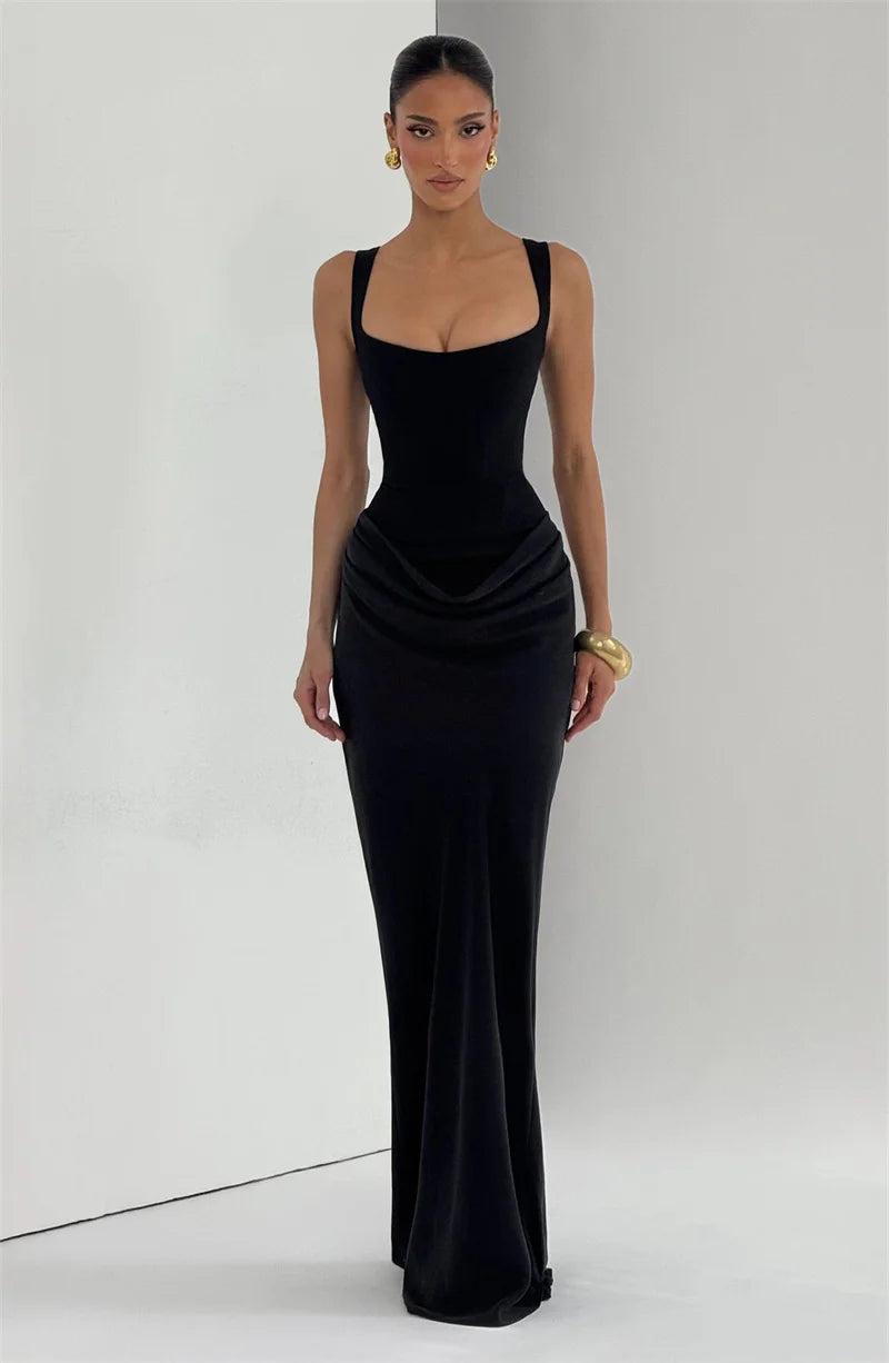Elegant Square Collar Sleeveless Skinny Ruched Club Party Long Dress