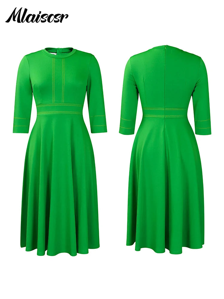 Elegant Casual O Neck 3/4 Sleeve High Waisted Pleated A Line Midi Dresses