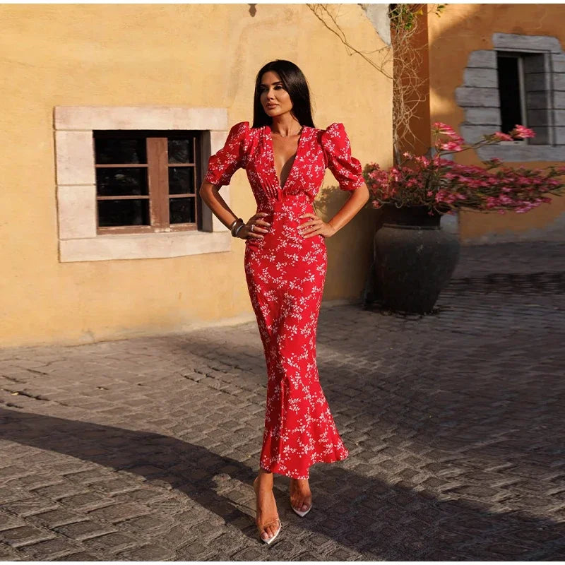 Patchwork Print Women Dress Slim V-neck Short Puff Sleeve