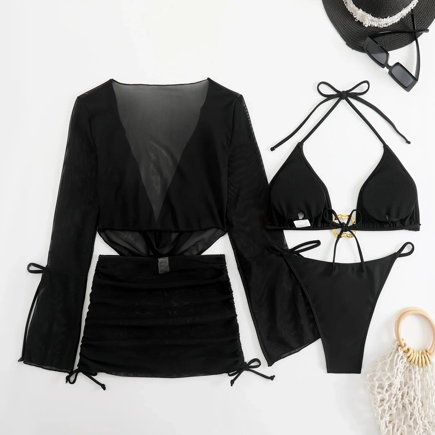 Sexy White Black 4 Piece Bikinis Sets Women Long Sleeve Mesh Cover Up Skirt Swimsuit Beach Bathing Suit Holiday Swimwear Biquini