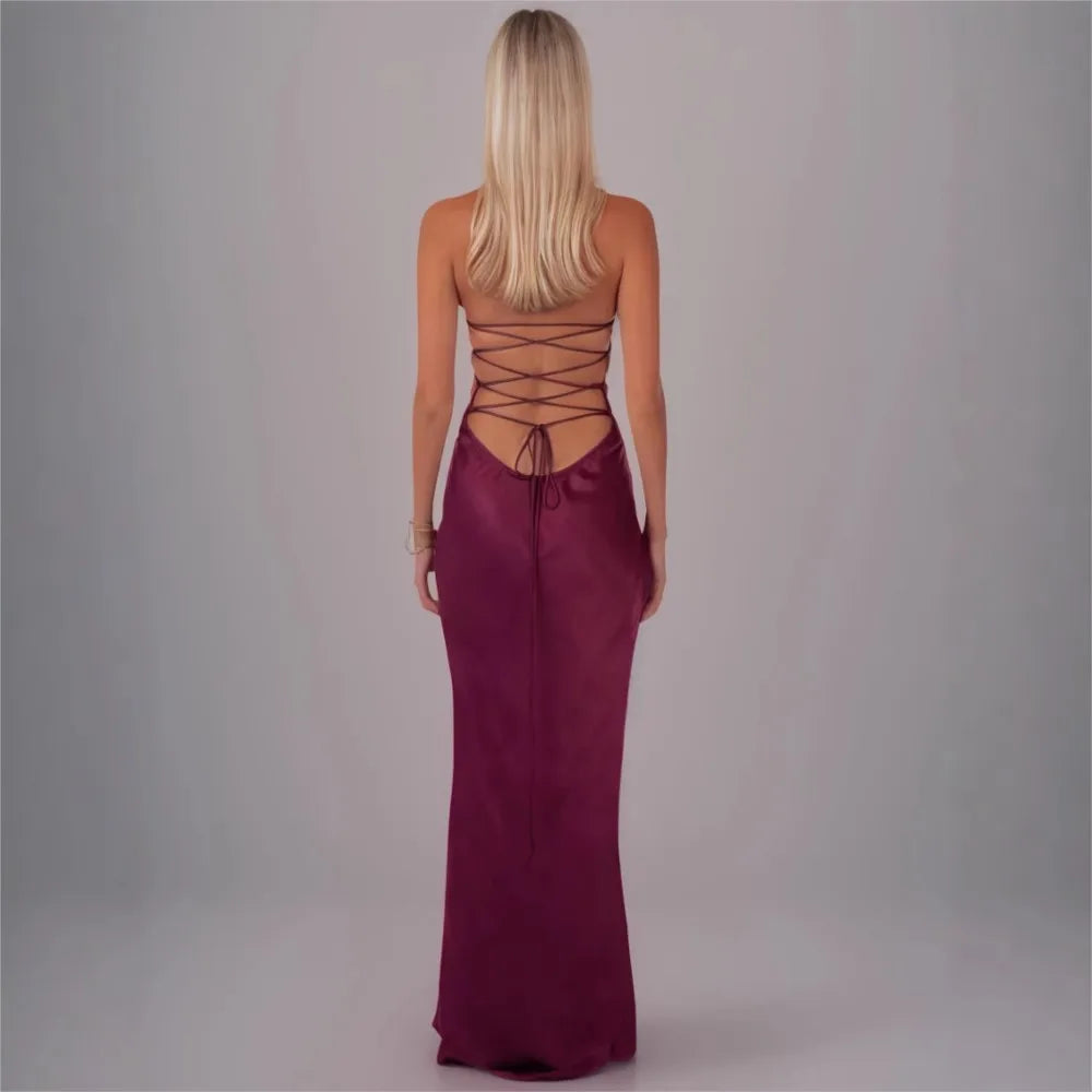 Sequin Vestidos Solid Color Backless Strappy Hip Evening Dress Elegant Simple Style