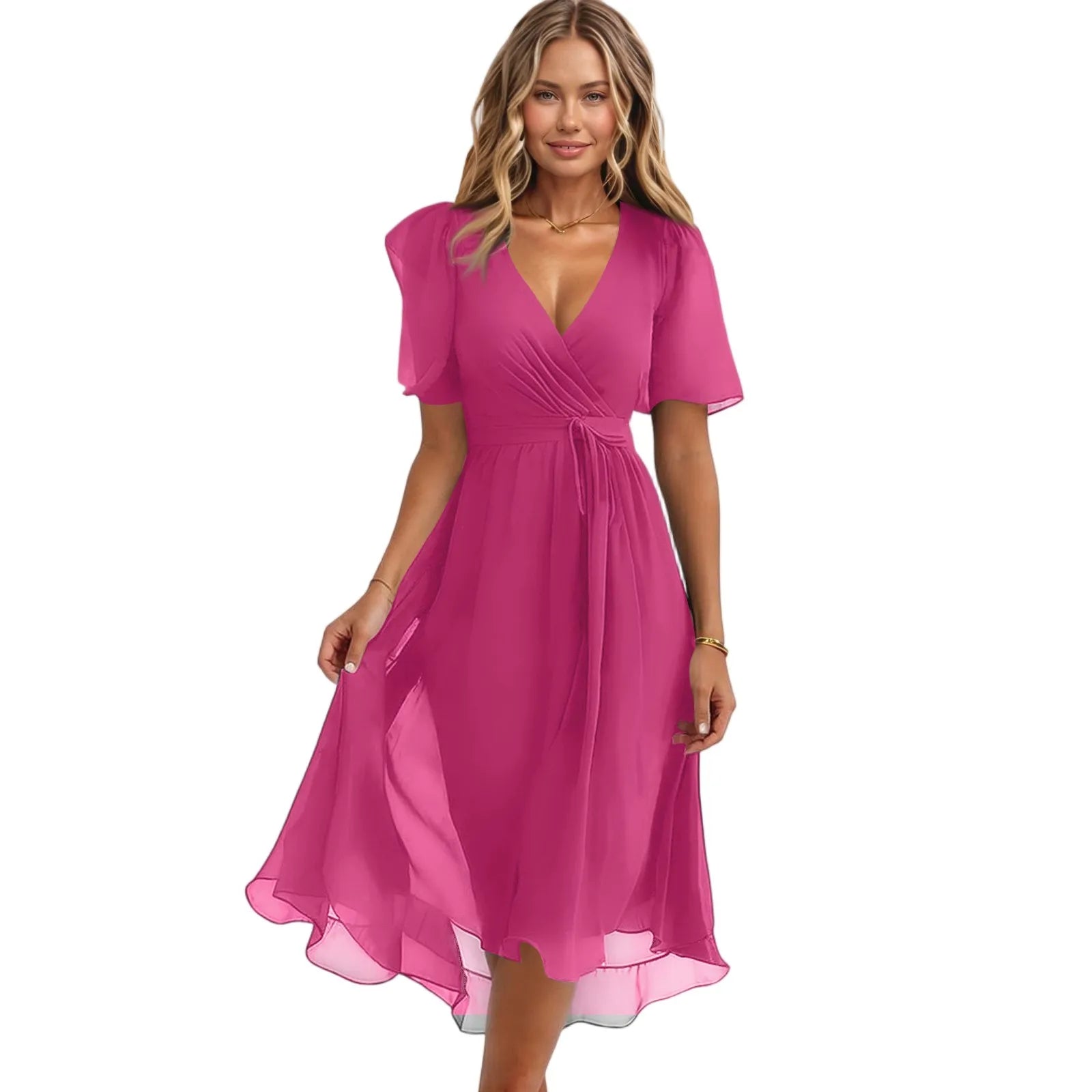 Daily Casual Fashion Wrinkles V-Neck Waist Cinching A-Line Zipper Dress Lightweight Comfy Vacation Dress
