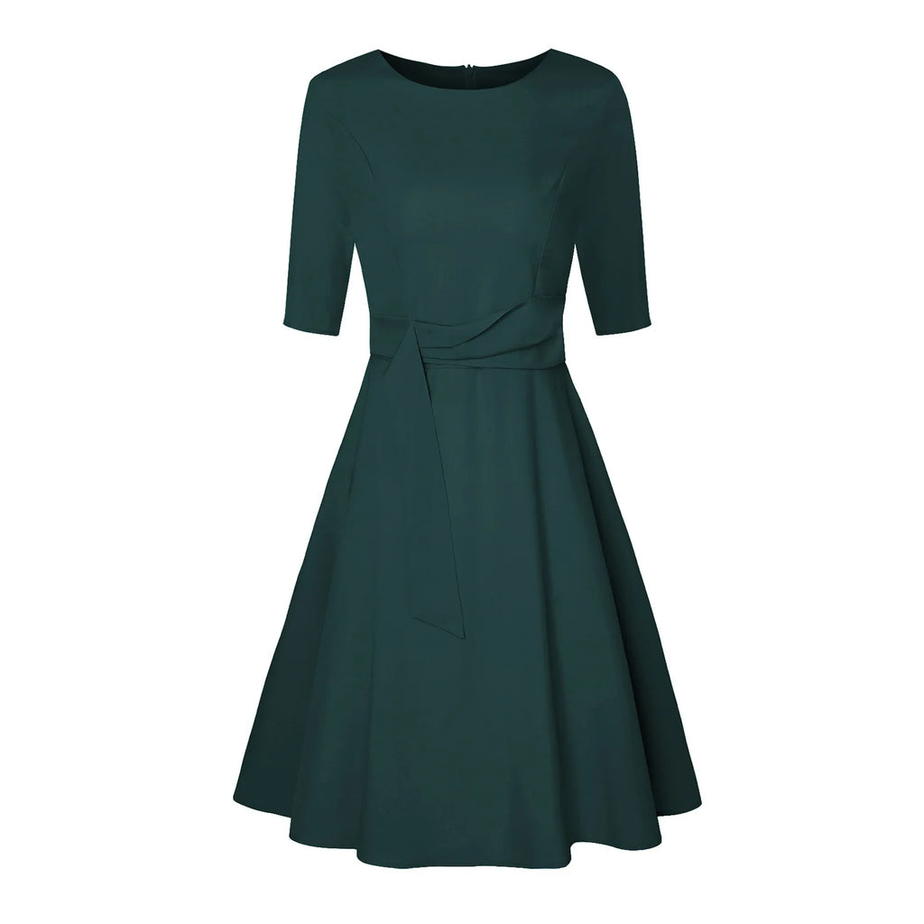 A-Line Swing Knee-Length Short Sleeve Belt Waist Retro Skirts Round Neck Waist Tie Lace-up Maxi Dress