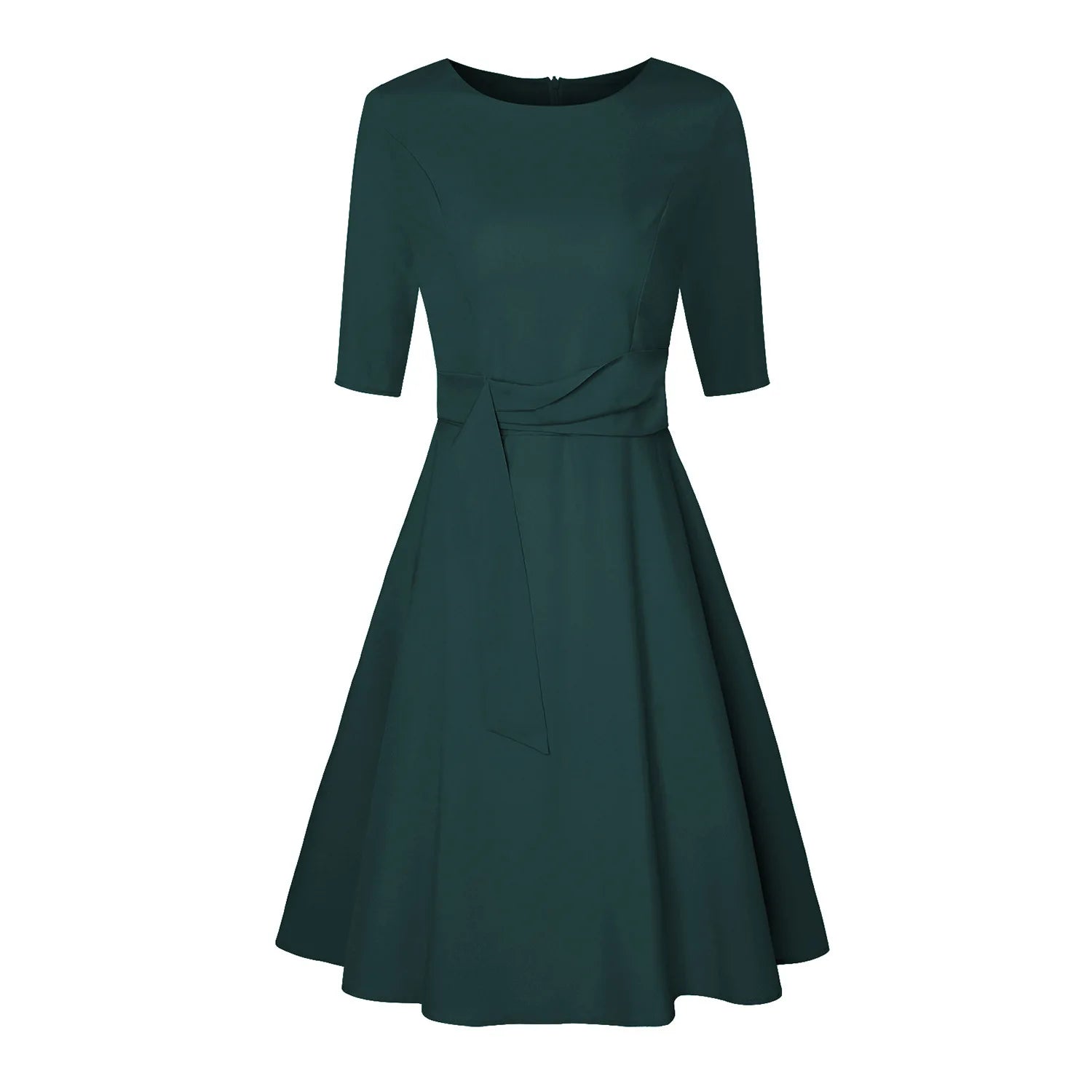 A-Line Swing Knee-Length Short Sleeve Belt Waist Retro Skirts Round Neck Waist Tie Lace-up Maxi Dress