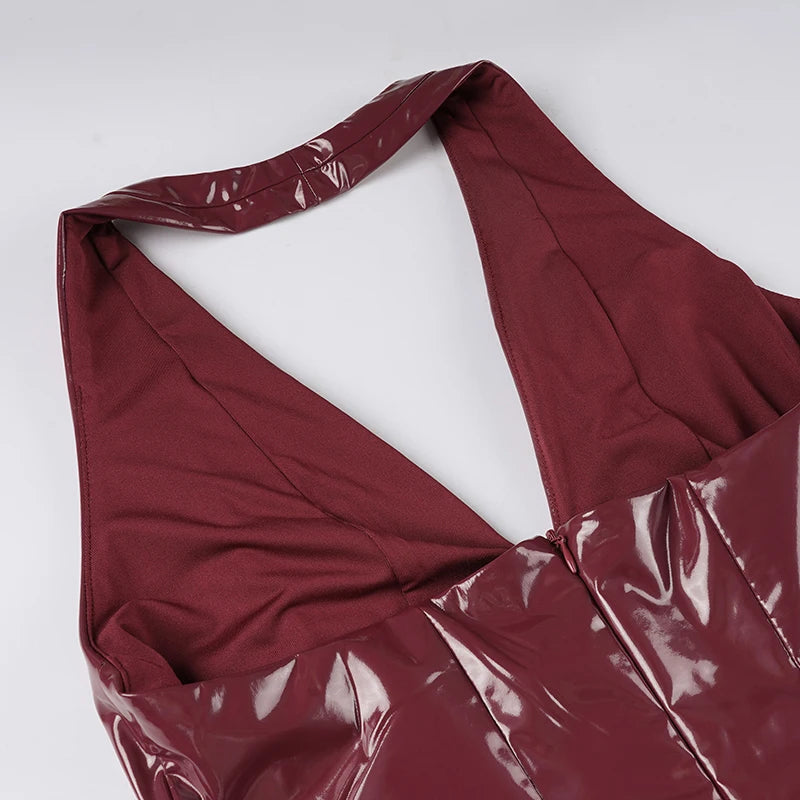 Leather Bodycon Dress Slim-Deep V-Neck Sleeveless Backless Mini Dress