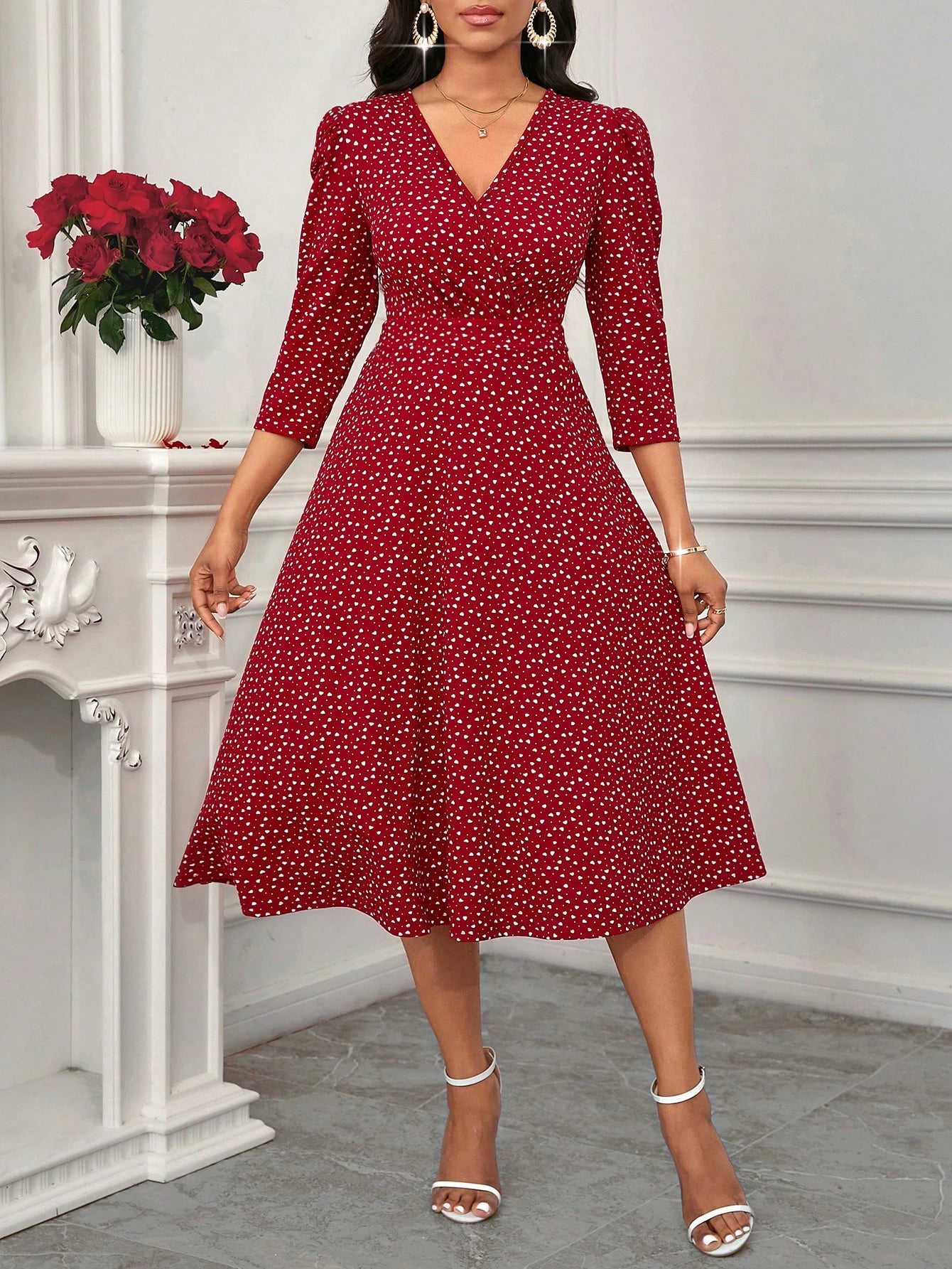 Women's Burgundy White Polka Dot Midi Dress V-Neck 3/4 Sleeves A-Line Spring Summer Elegant Vintage Daily Party Dress