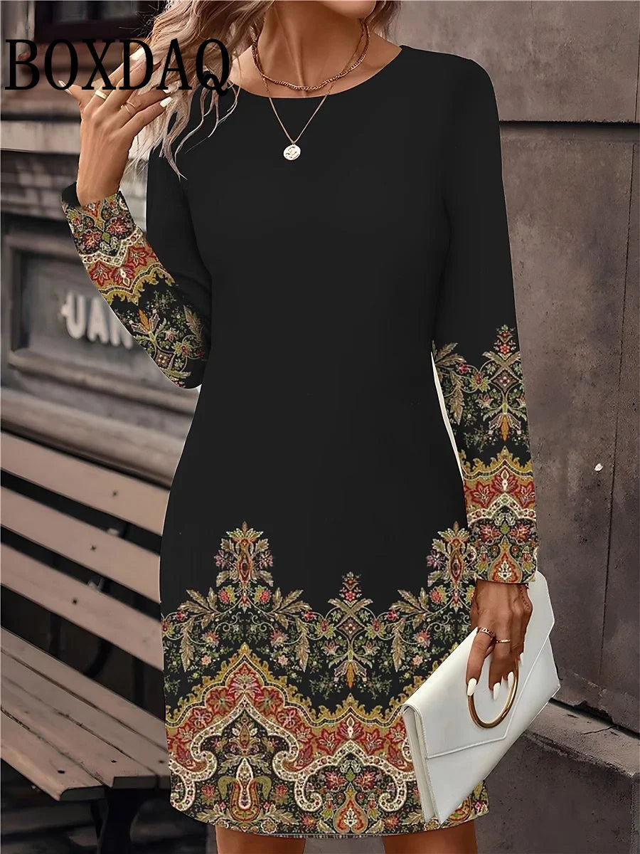 Women's Casual Long Sleeve Print Dress Fashion Autumn Winter Floral For Women Dresses Retro O-Neck Loose Ladies Dresses Vestidos