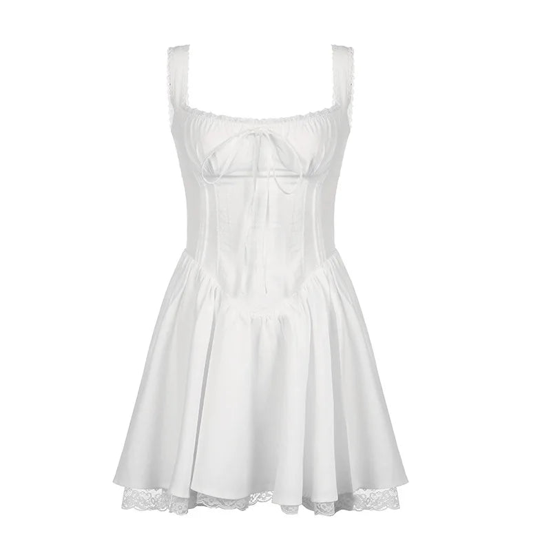 Sleeveless Mini Corset Dress with Lace Panel, A-line Dress, Elegant and Sweet, White, High Quality,l