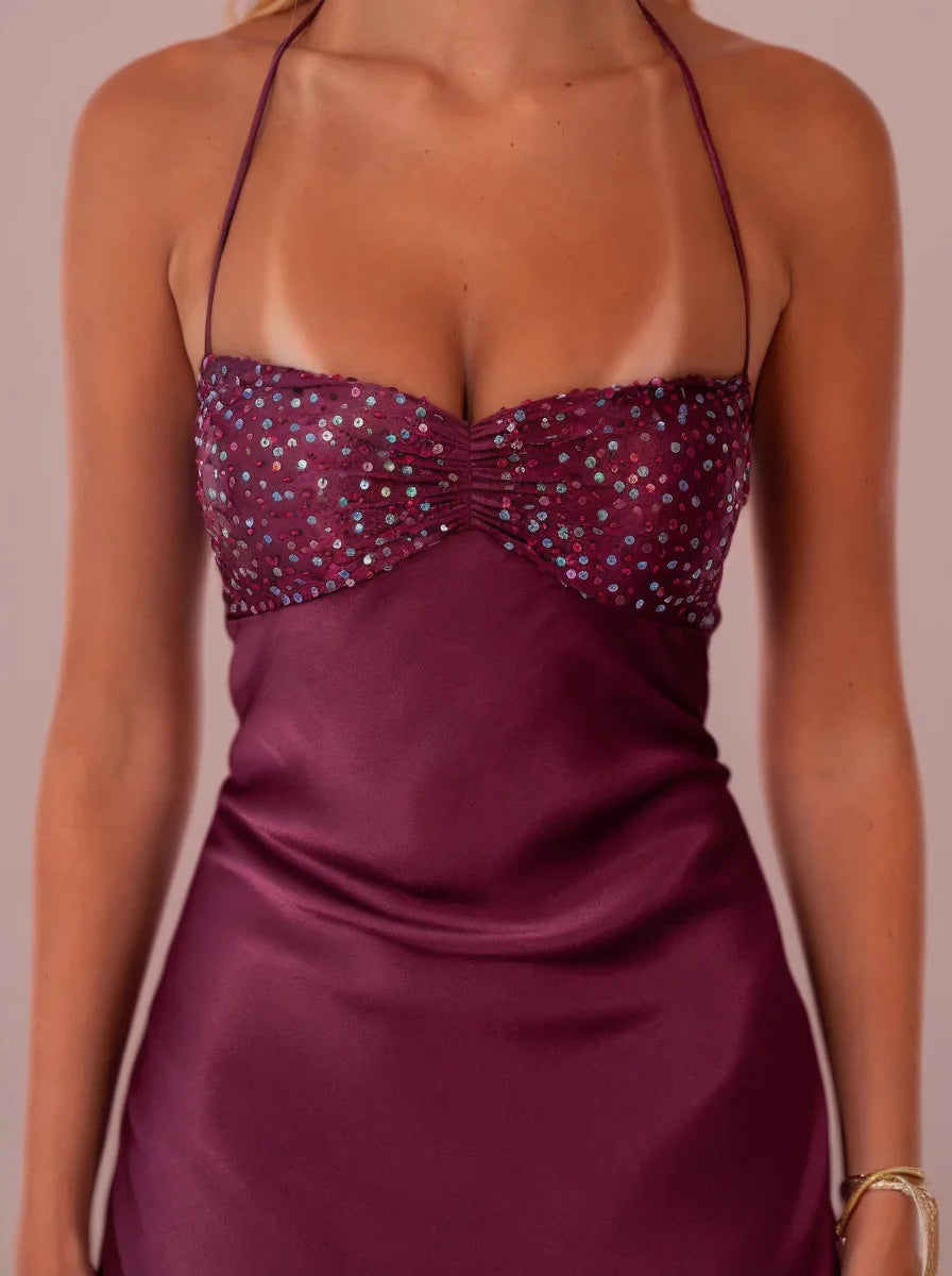Sequin Vestidos Solid Color Backless Strappy Hip Evening Dress Elegant Simple Style